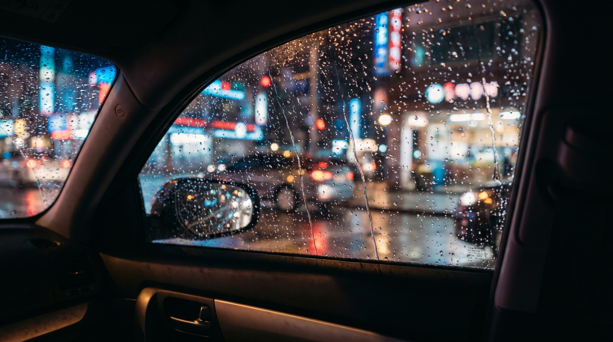 Car Side Window Rain Neon Reflections