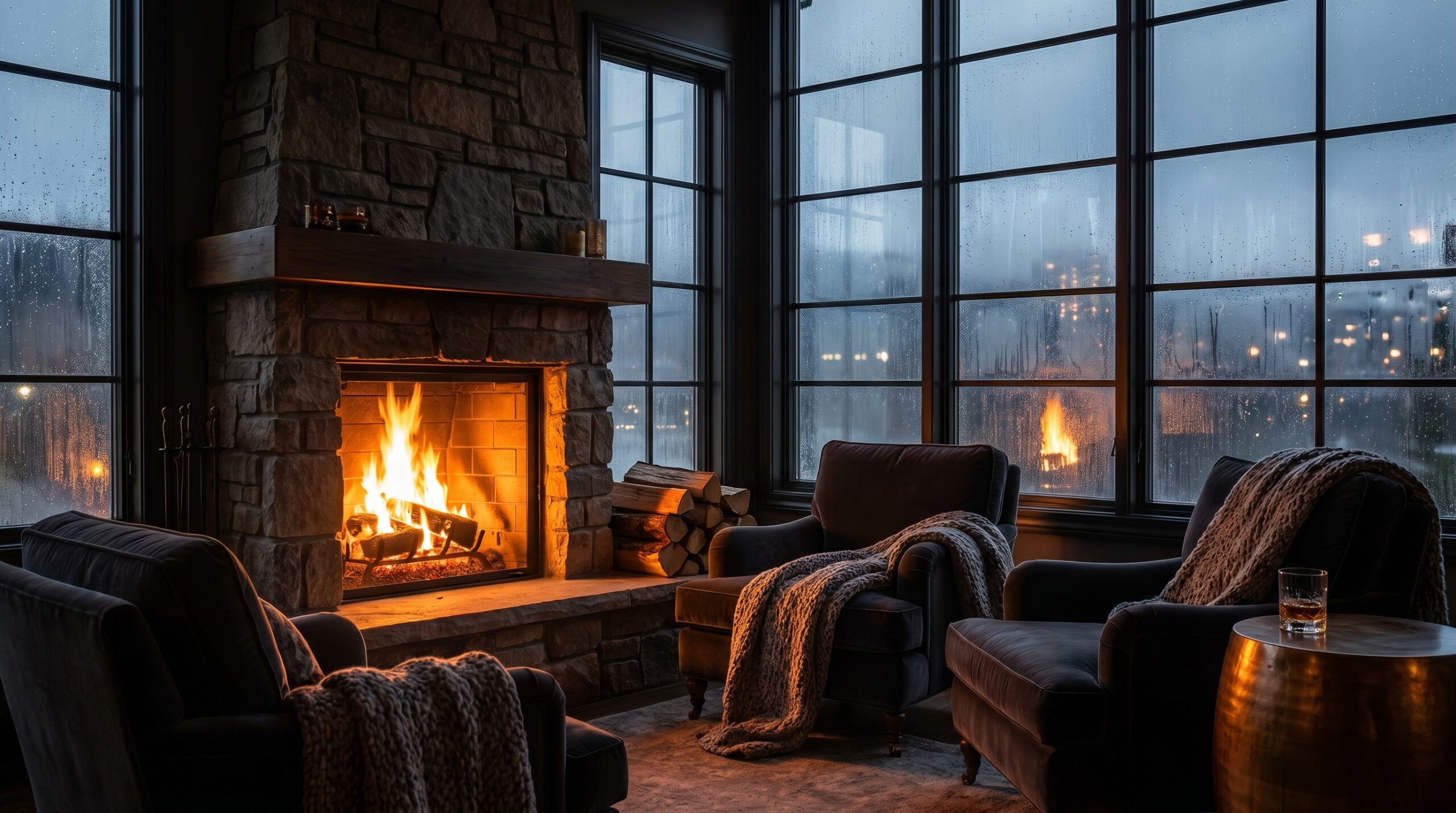 Fireplace And Rain Window Evening