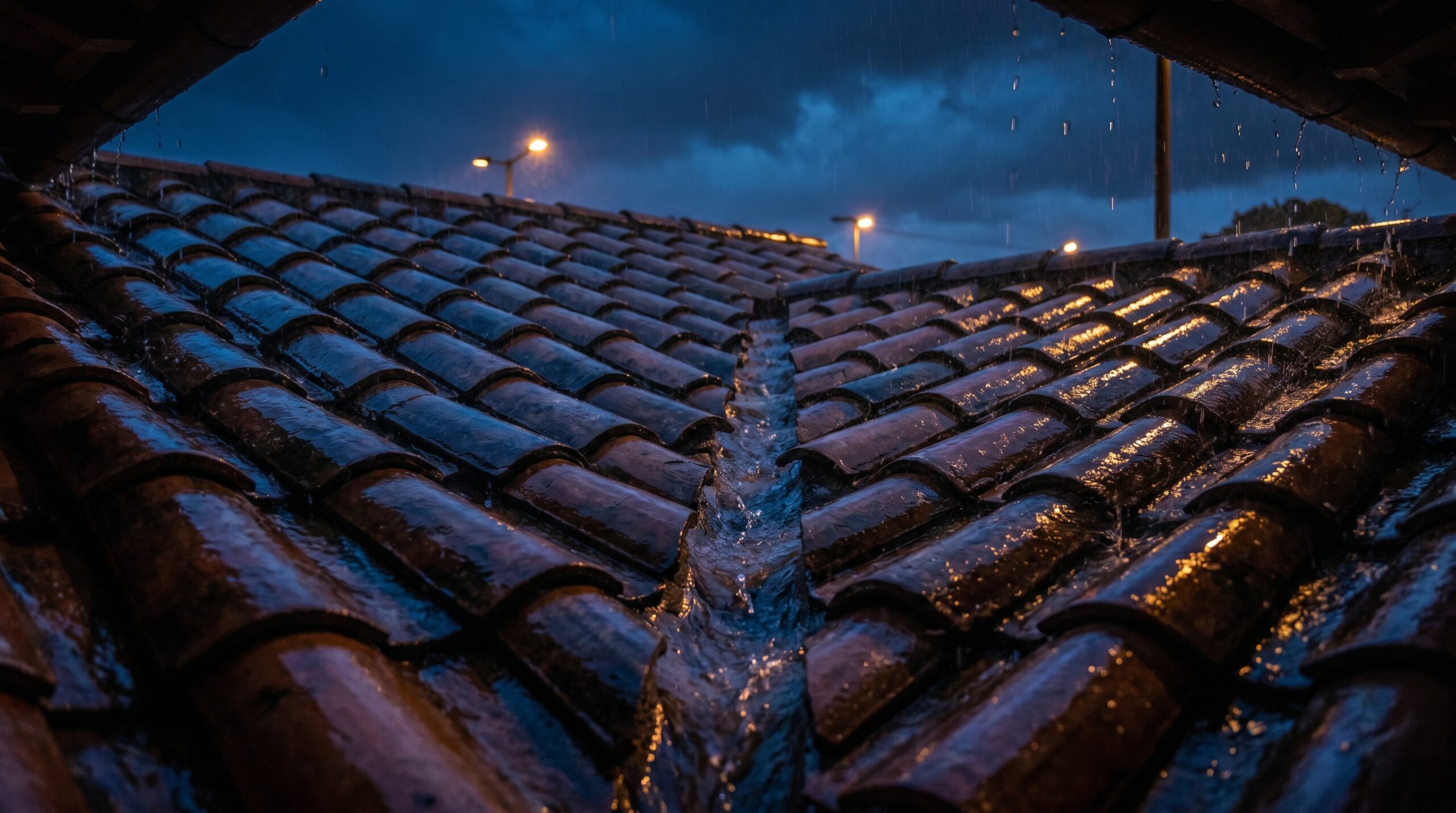 Late Night Rain On Clay Roof Tiles