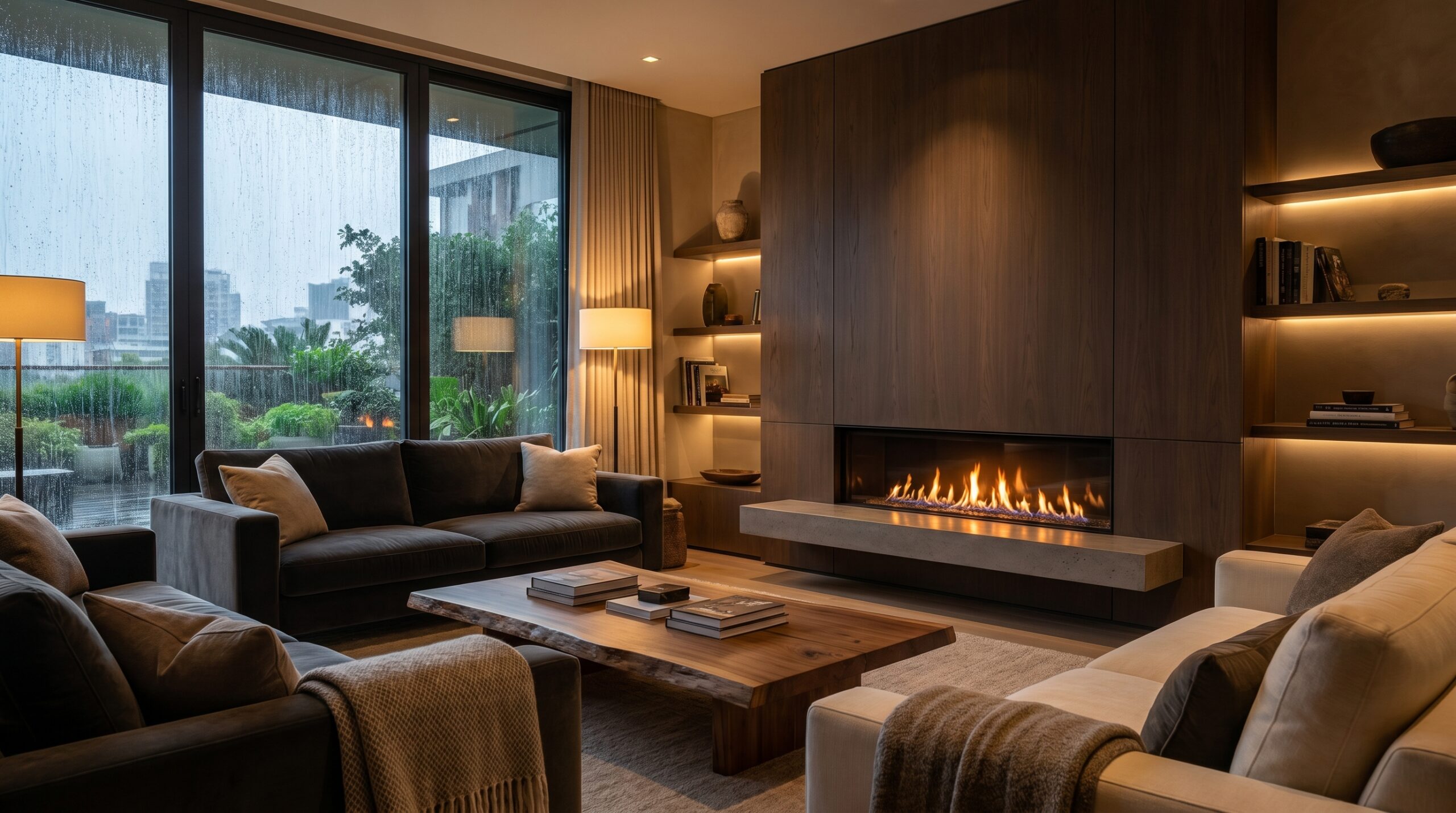 Luxury Living Room Fireplace Rainfall