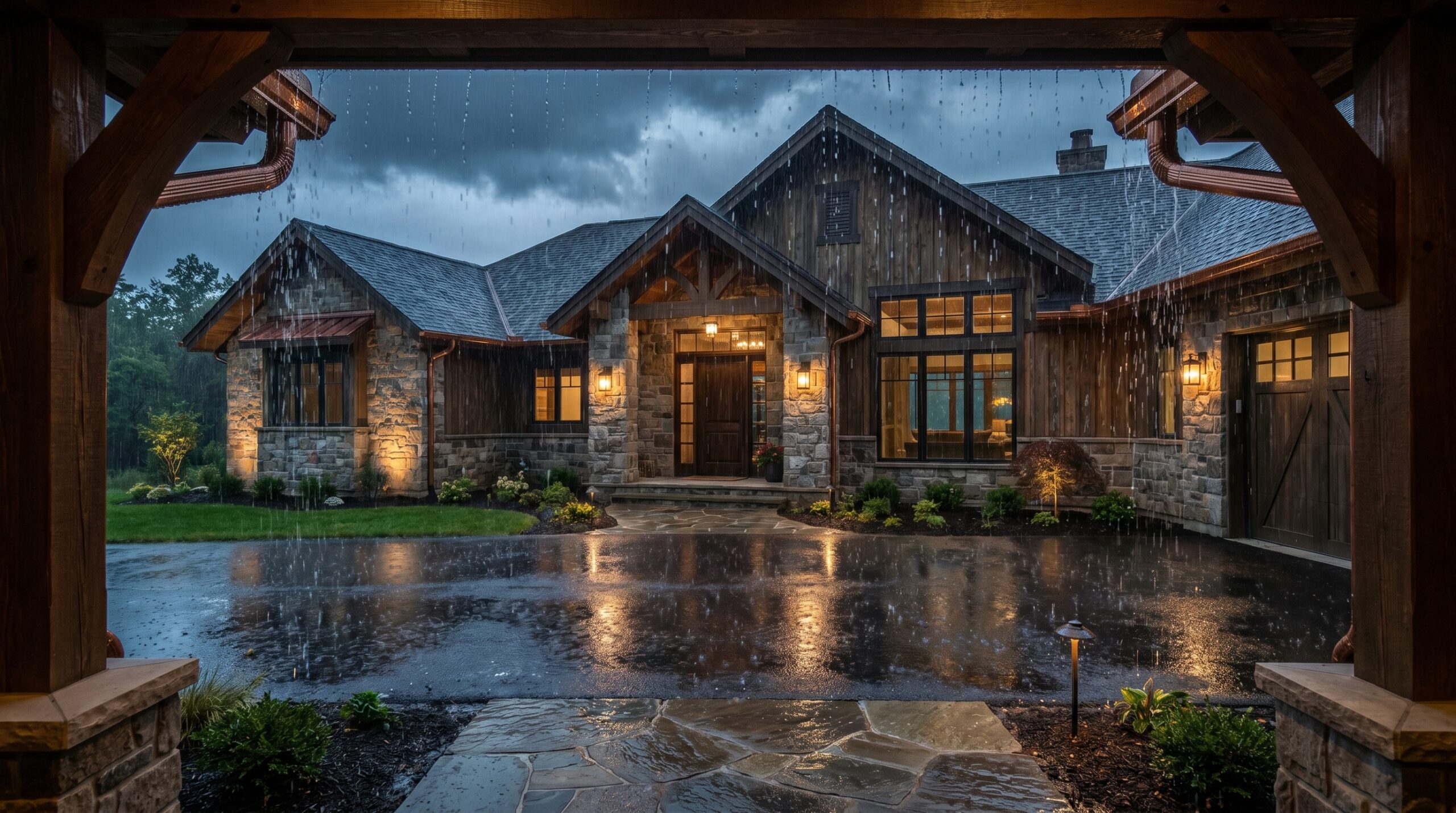 Rain On Luxury House Front Roof