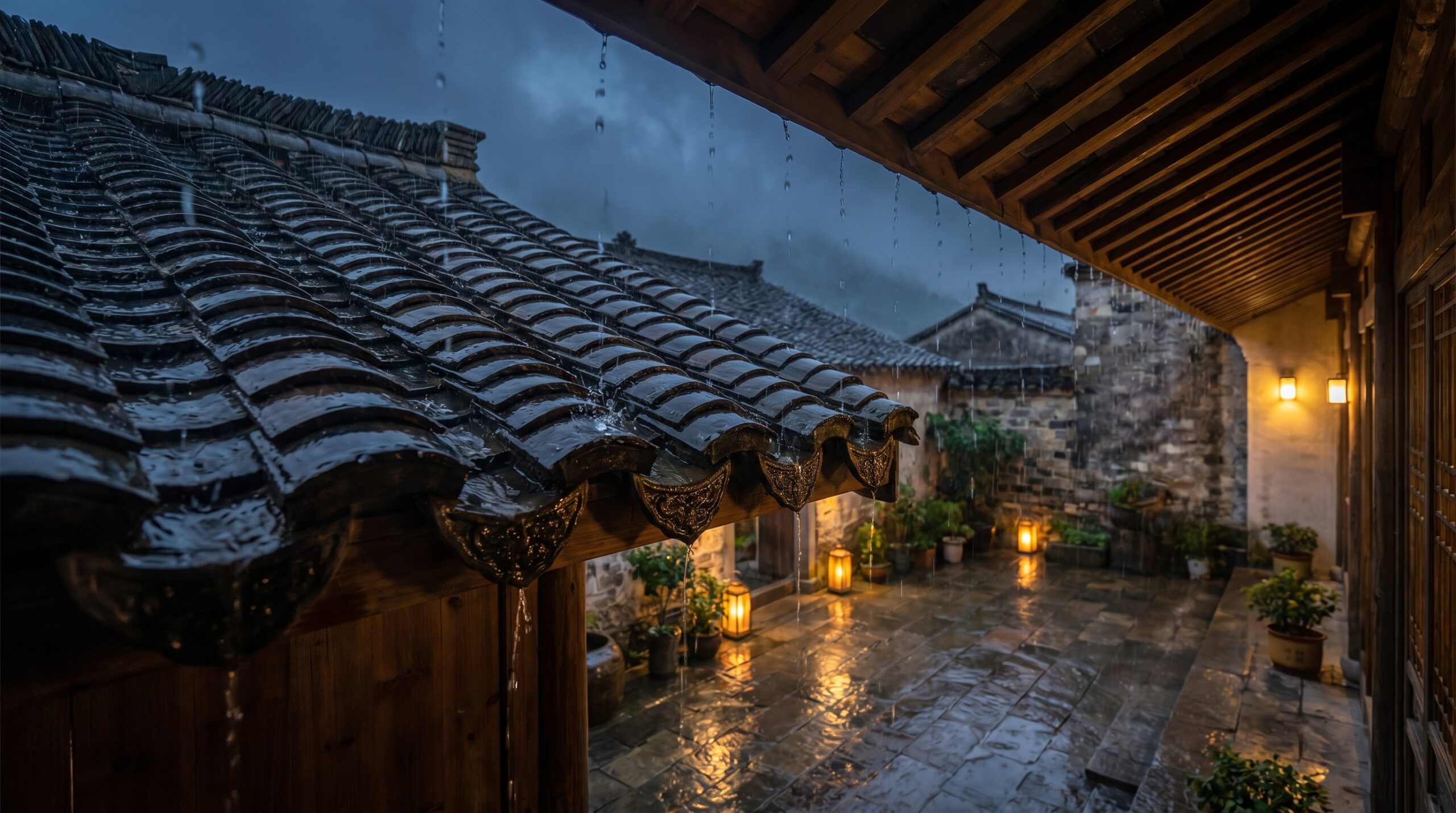 Rainfall Over Clay Roof Tiles