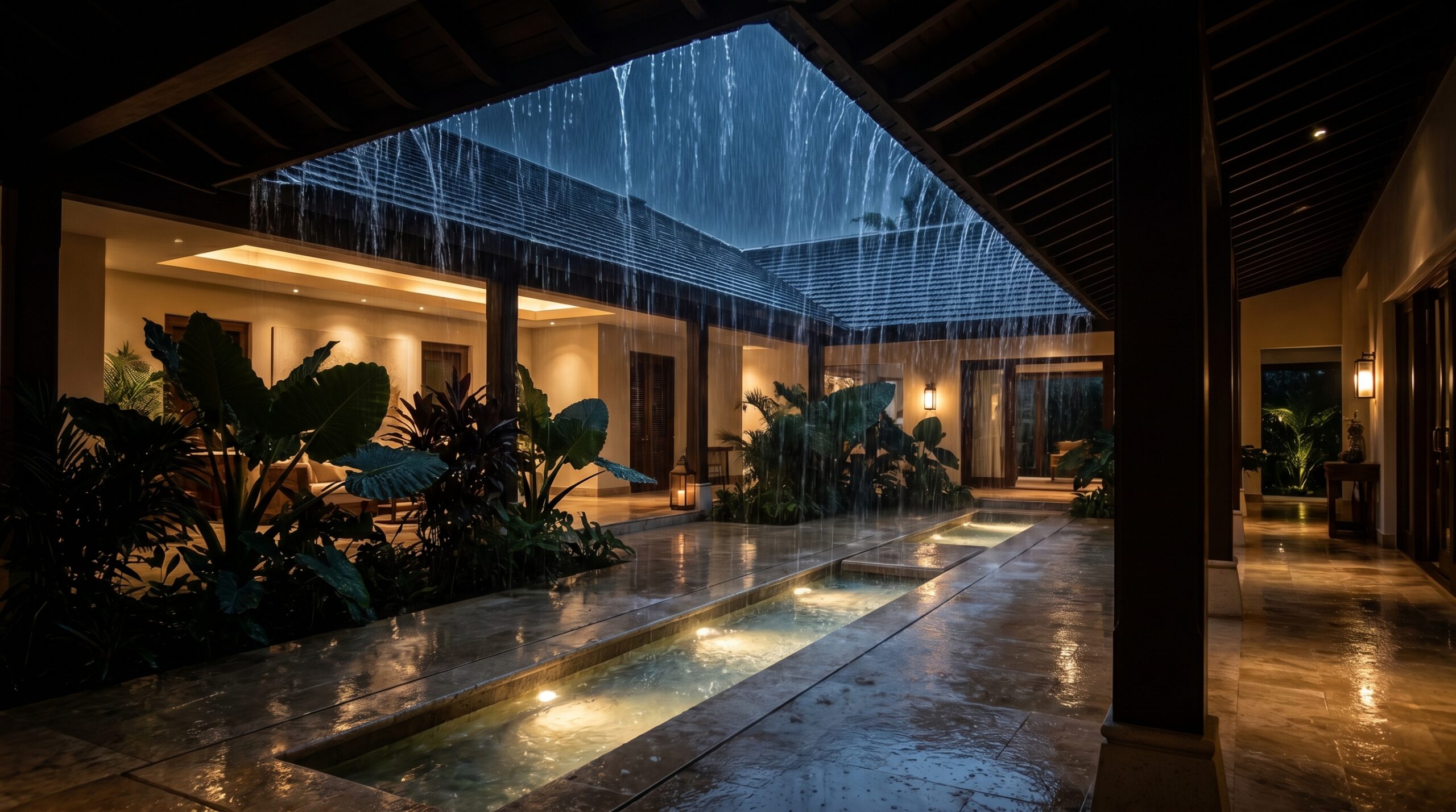 Rainy Luxury Courtyard Roof Edge