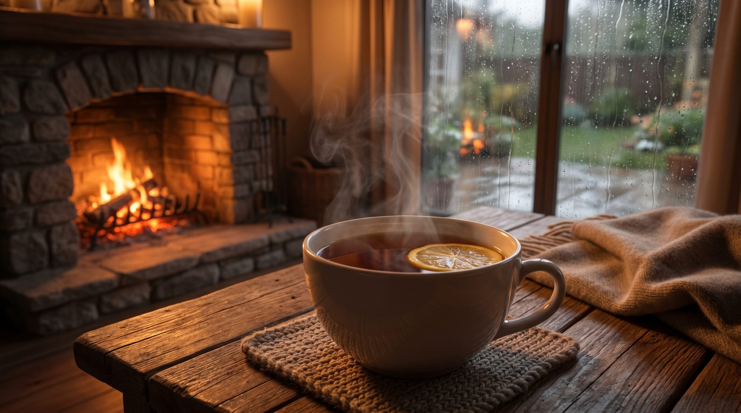 Warm Tea Fireplace Rain Scene