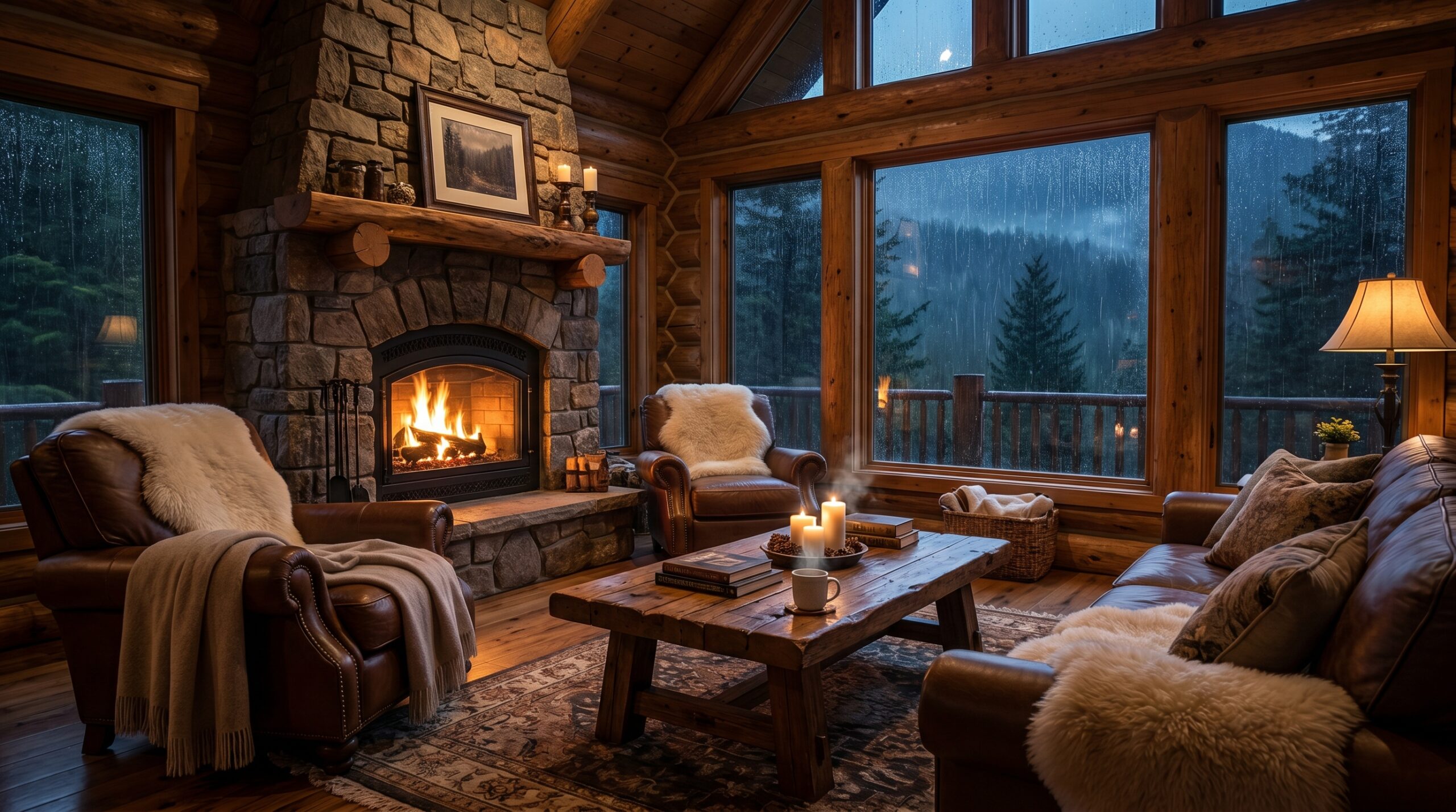 Wood Cabin Fireplace Rain Night